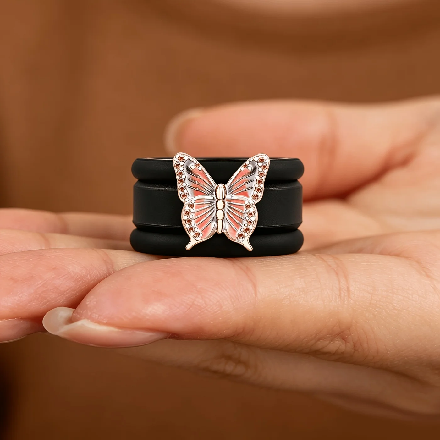 Enamel Butterfly black Silicone Ring, inlay with sparkling CZ;Hypoallergenic and skin-friendly, suitable for daily wear and work