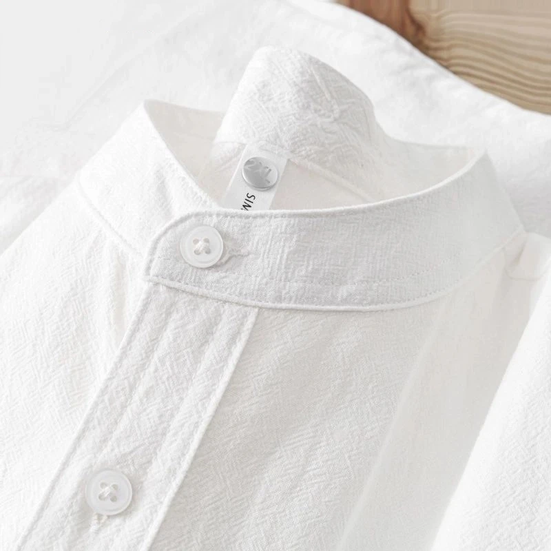 Japanese Stand-up Collar Short-sleeved Shirt Men's Henry Collar Cotton Linen Round Neck Five-point Sleeve T-shirt