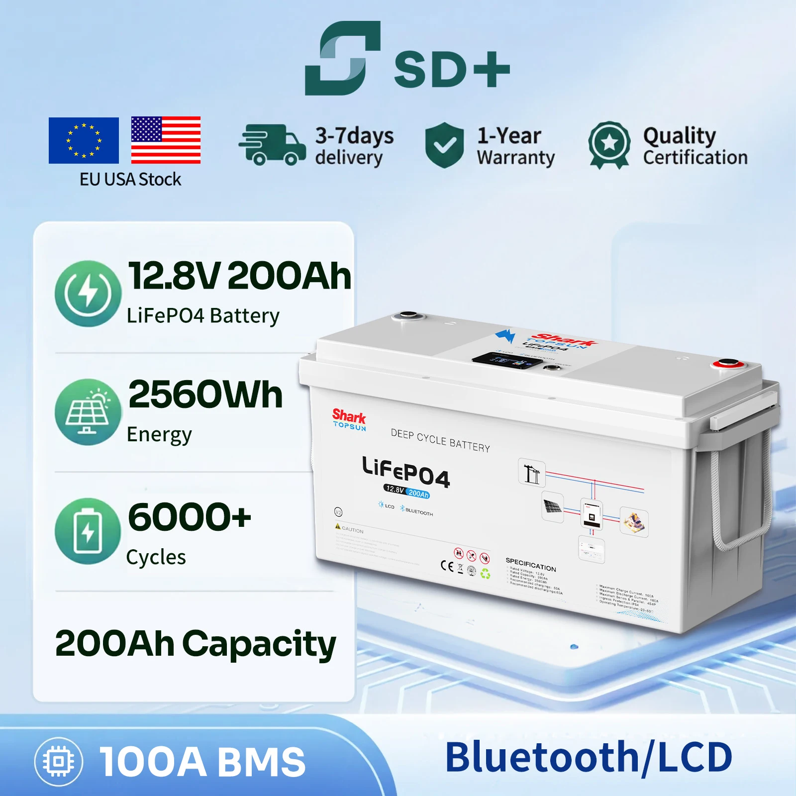 SANDISOLAR 12V 200Ah LiFePO4 Battery 100A Continuous Discharge Off-Grid Solar Energy Storage System 2560Wh