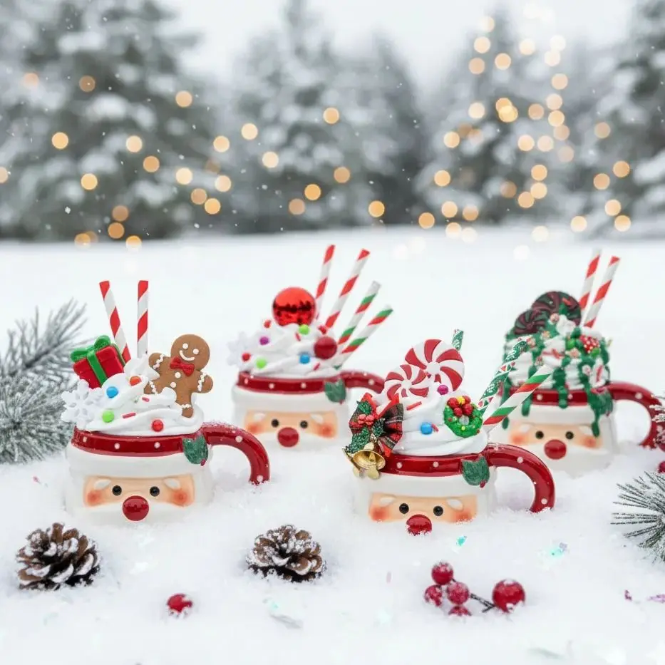 Christmas Santa Claus Mug Fake Whipped Cream Topping Resin Simulation Hot Chocolate Decoration Xmas Tabletop Figurine Home Decor