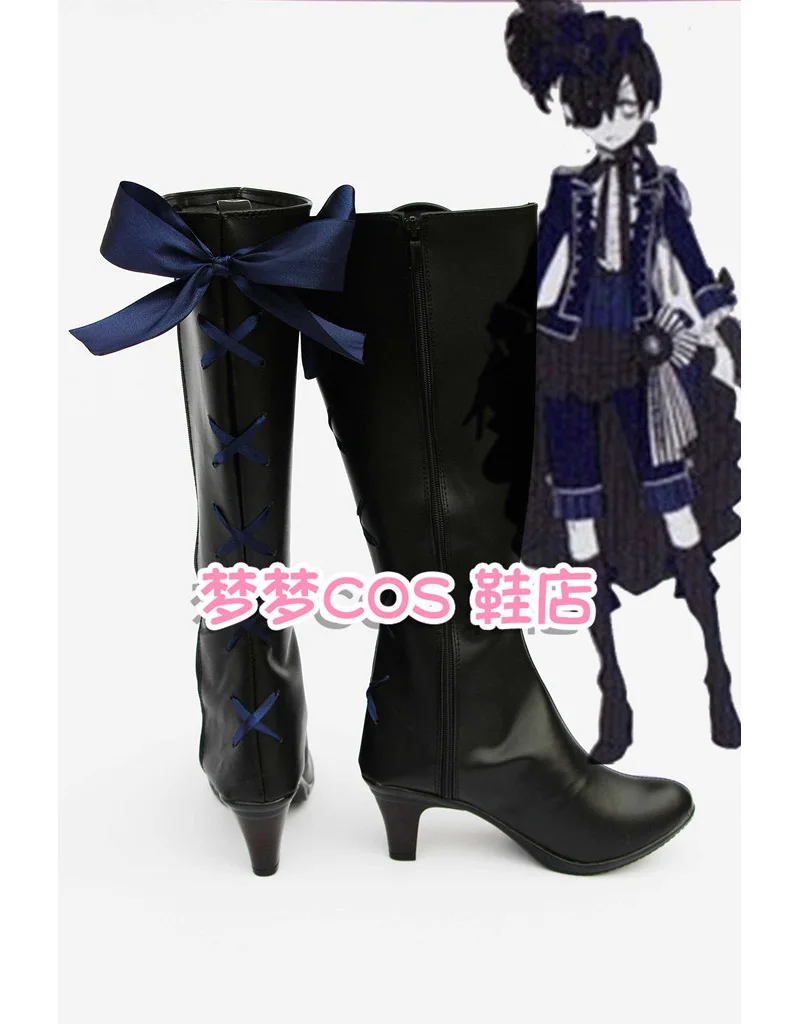 Anime Black Butler Ciel Phantomhive Cosplay Shoes Black Long PU Leather Flat Sole Boots For Halloween Carnival