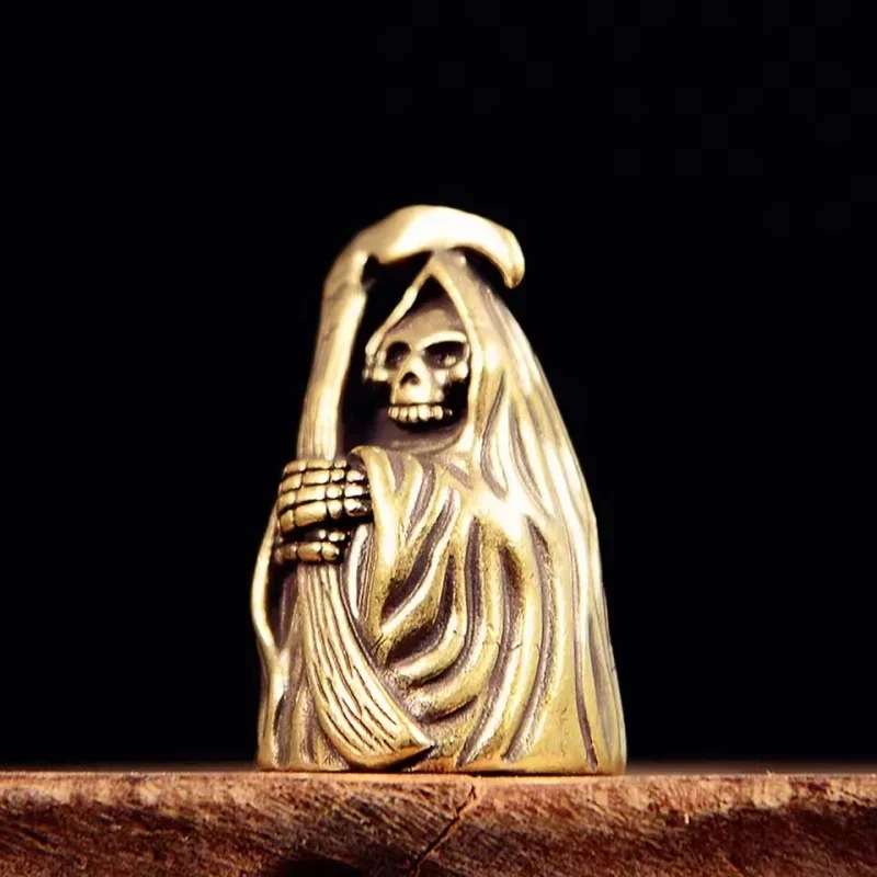Vintage Brass Grim Reaper Bell Keychain, Death God Statue Punk Horror Ornament for Desktop & Car Decor Accessories