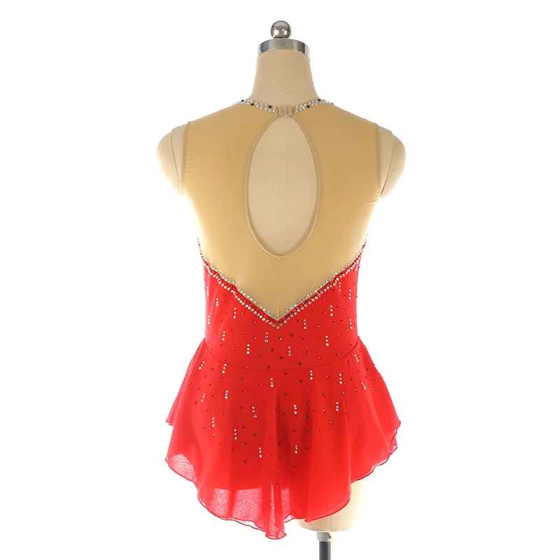 Girl Adult Figure Skating Training Performance Dress in Red Sleeveless Multi Diamond Sparkle