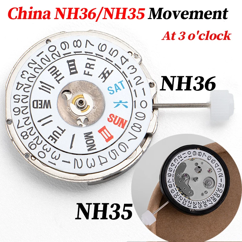 حركة NH36 الصينية يمكن أن تحل محل Japa لحركة NH35 عند الساعة 3 تاريخ مزدوج أبيض عالي الدقة ميكانيكي أوتوماتيكي NH36/35