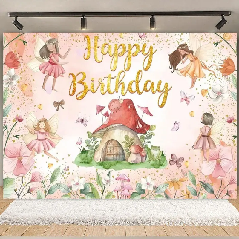 Girls Flower Fairy Mushroom 1st Birthday Party Decoration Backdrop Colorfu Elf Butterfly Baby Shower Photography Background Prop