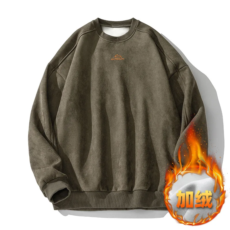 Men's Suede Sweatshirt Jacket 2026 Autumn Winter Oversized O Neck Vintage Pullover Casual Long Sleeve Loose Fit Couples Tops