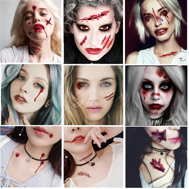 6PCS Halloween Bloody Wound Stitched Scars Tattoo Sticker Convenient Waterproof Temporary Tattoo Sticker Halloween Party Decor