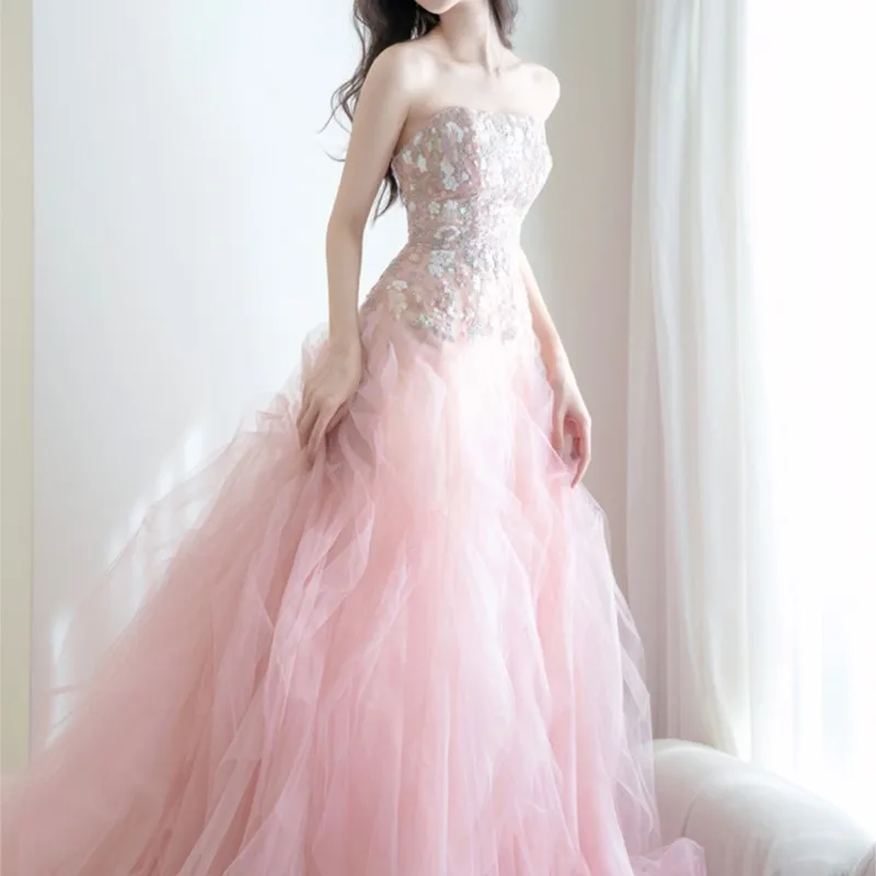 

Breast women pink pommel veil birthday coming-of-age ceremony small party light luxury toasting dress