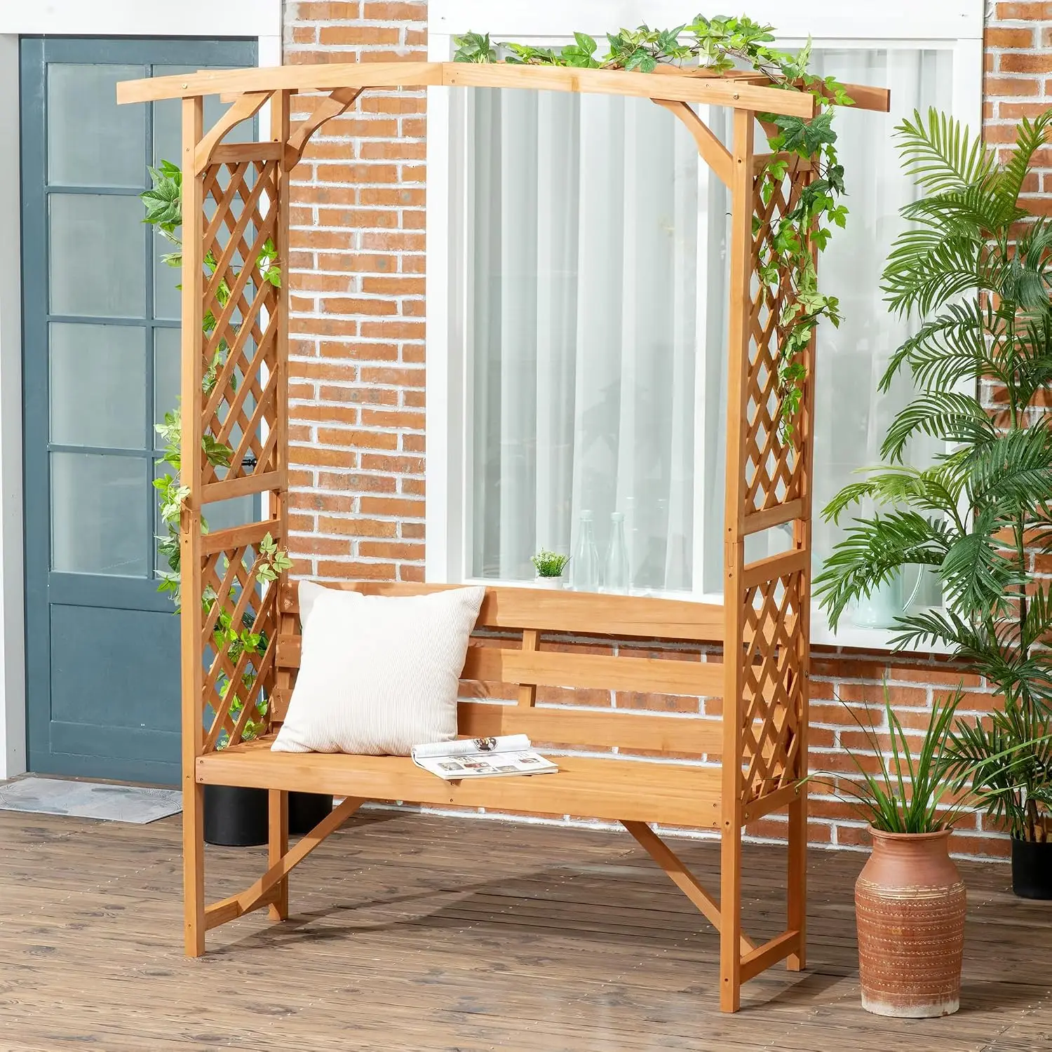 Patio Garden Bench Arbor Arch with Pergola 2 Trellises Seat Brown, Customized