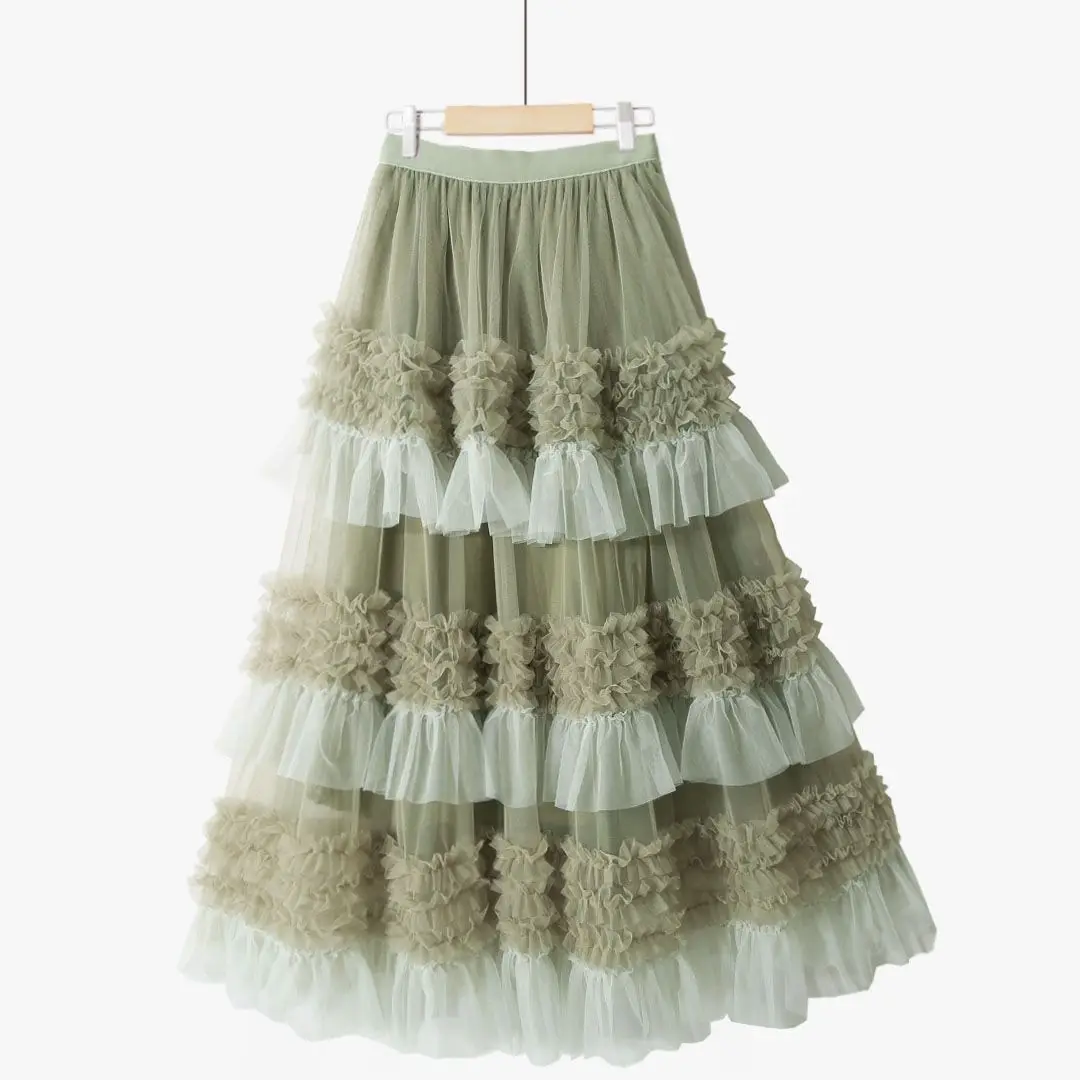 Wedbleser Autumn Winter Mushroom Splicing Mesh Fairy Big Pendant Long Style Pure Contrast French Lace Edge Mesh Half Skirt