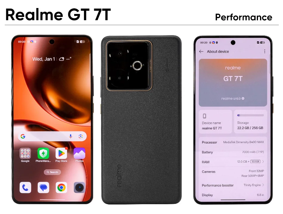 Realme Gt 7t 5g Smartphone New Mediatek 8400-Max, 7000 Mah Titan Battery, 120W Ultra-Fast Charging and 6.8-Inch 120Hz Display. Global Version