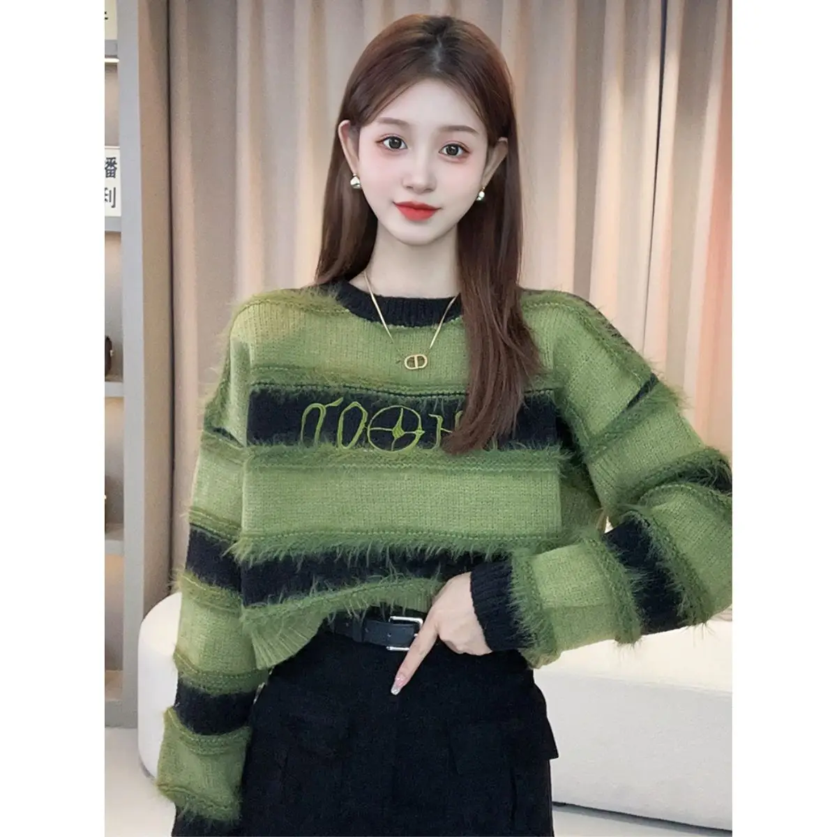 Women Autumn Winter Office Lady Simplicity Striped Color Blocking Knitting Women Clothes All-match Loose Pullover Long Sleeve Sw