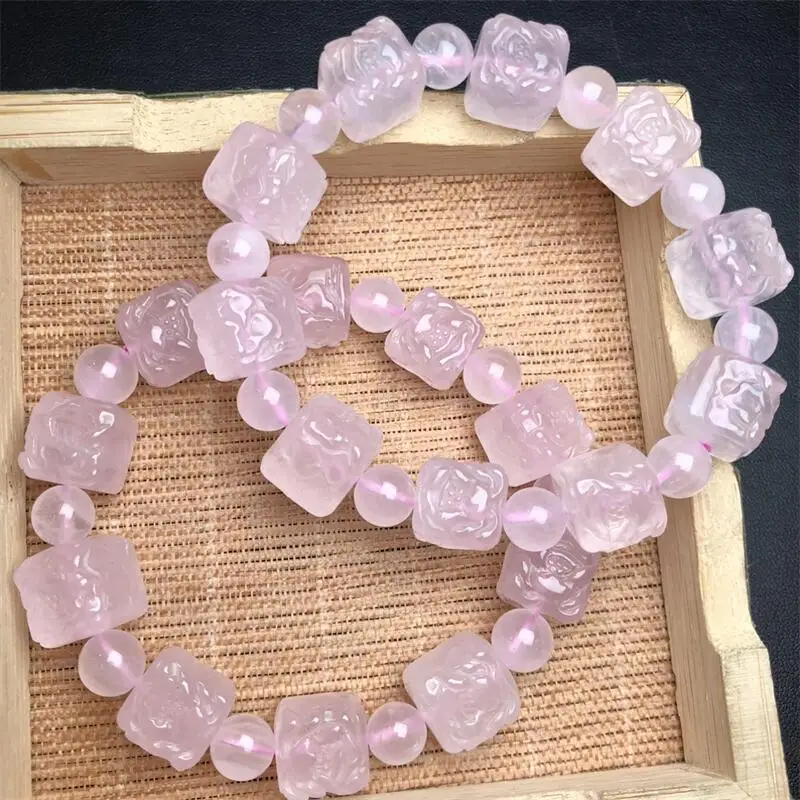 13MM Natural Rose Quartz Peony Cube Bracelet Handmade Crystal Quartz Jewelry Stretch Bangle Children Birthday Gift 1PCS