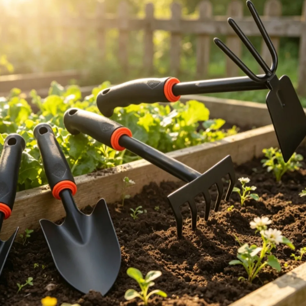 Gardening Essentials Kit with 4 Tools: 2 Shovels 1 Rake 1 Cultivator Constructed from Iron for Reliable Seasonal Performance