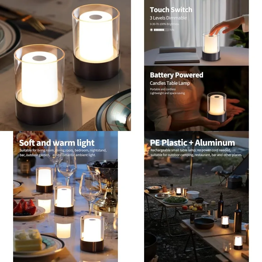 

LED 4" Mini Cordless Table Lamp 2 Pack, Outdoor Waterproof Lamp, Rechargeable Battery Operated Lamp, Portable Touch Night Light