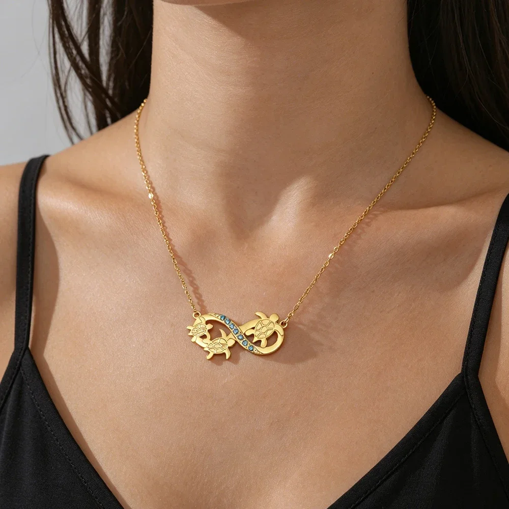 Skyrim Turtle Blue Zircon Infinity Pendant Necklaces Women Stainless Steel Gold Color Tortoise Sea Animal Jewelry Gift