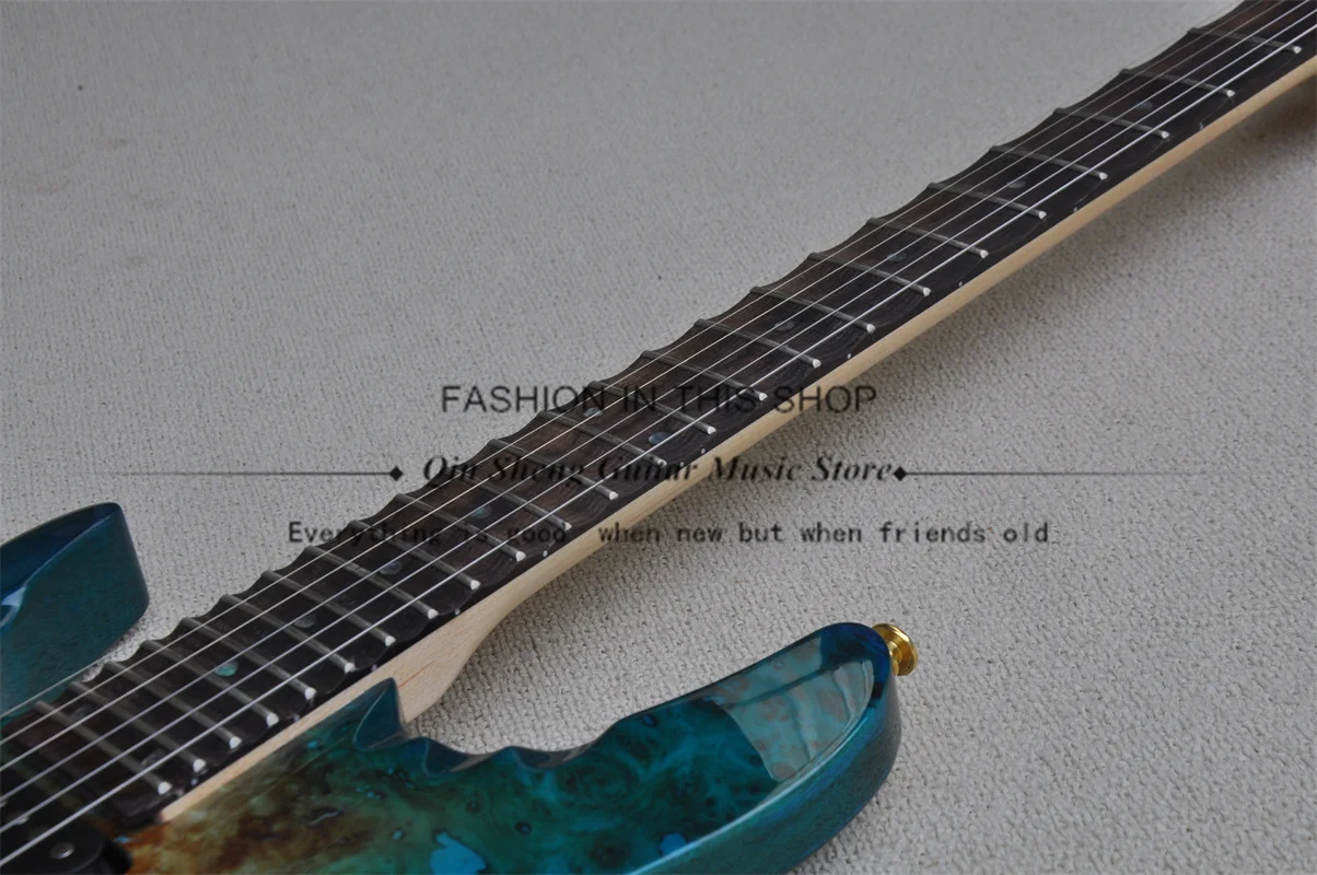 Left-hand Electric Guitar, Blue-Ring Wood-Colored Guitar, Ultra-Thin Guitar, Grooved Fretboard Inlay, Golden Tremolo Bridge