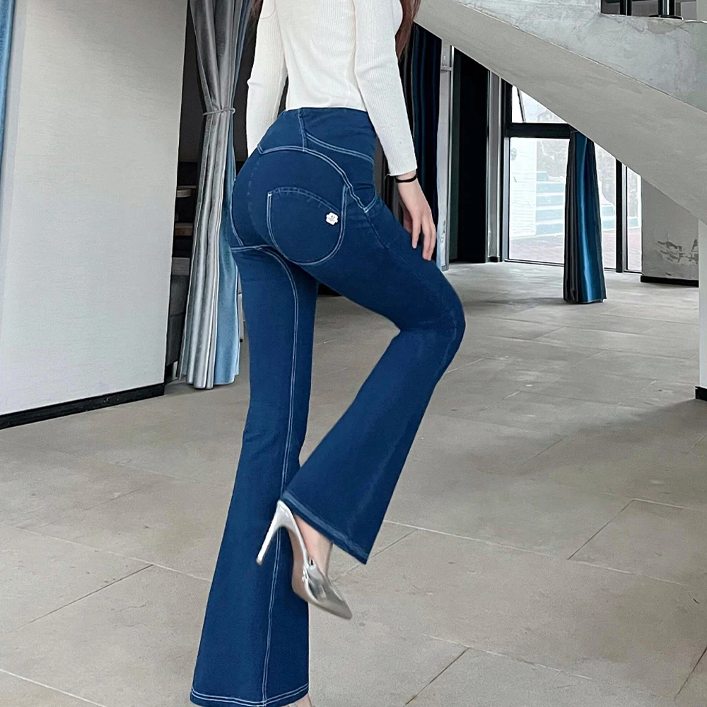 Shascullfites Melody Streetwear Flare Jeans High Rise Slim Denim Pants Dark Blue Botton Up Jeans Bum Lift Jeans