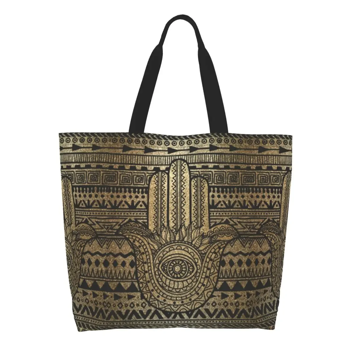 Custom Golden Amulet Hamsa Hand Canvas Shopping Bags Women Durable Large Capacity Groceries Hand Of Fatima Tote Shopper Bags