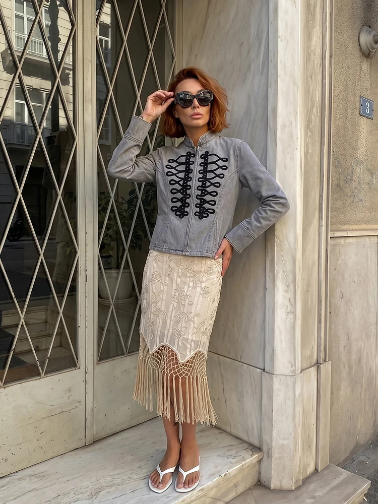 HH Denim Peplum Military Jacket Spring Fall Mandarin Collar Braided Embroidered Zip-Up Fitted Coat for Casual Daily Business