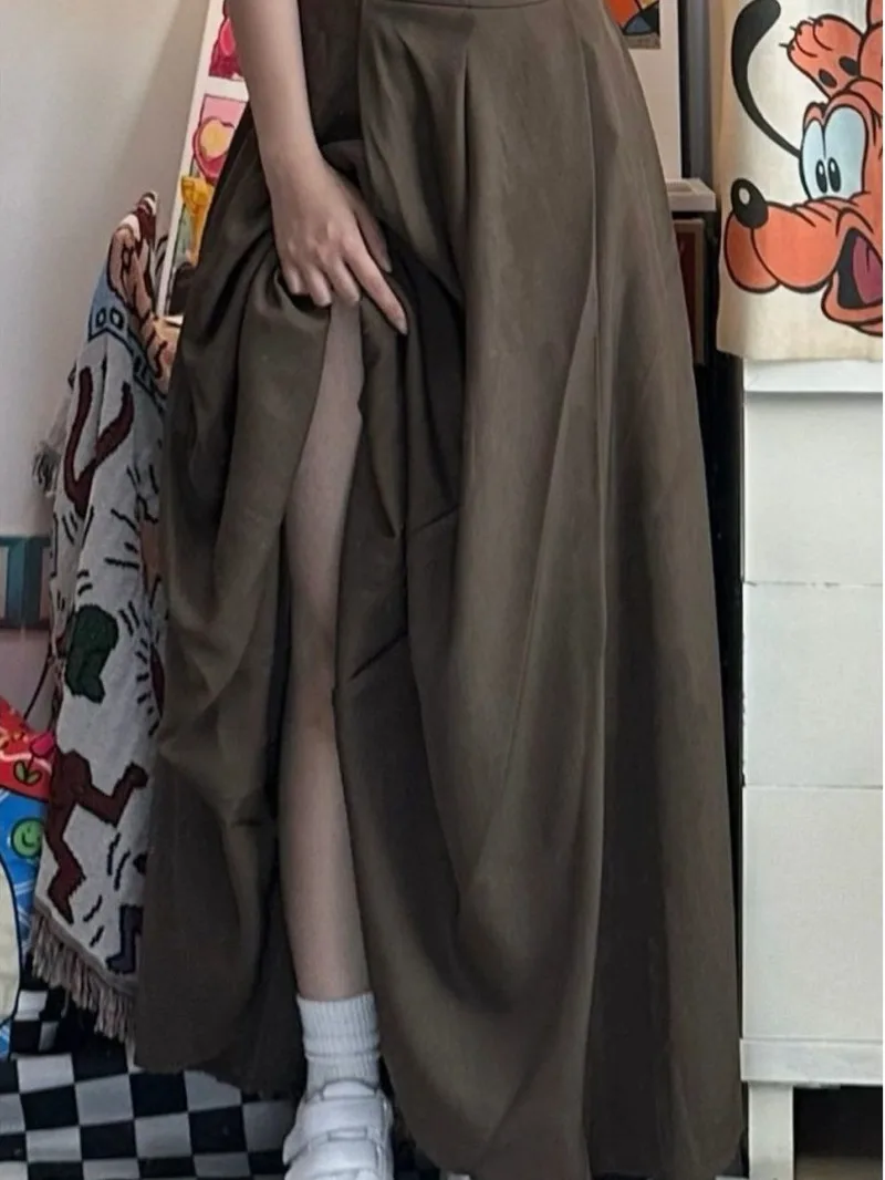 

New Brown High Waist Umbrella Skirt Spring and Autumn Seasons Half Skirt for Women Versatile Hepburn Style Hanging Style 7ERM