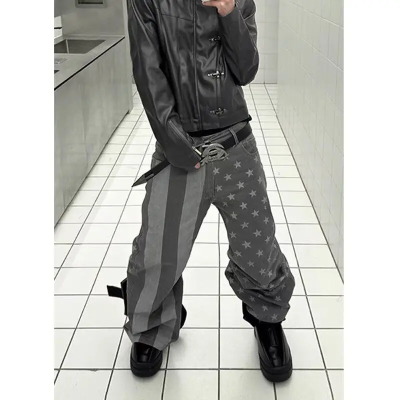 Men's Asymmetric Star Line Pattern Casual Pants Young Boy Bottom Summer Street Sweatpants Male High Waist Y2k Cool Trousers