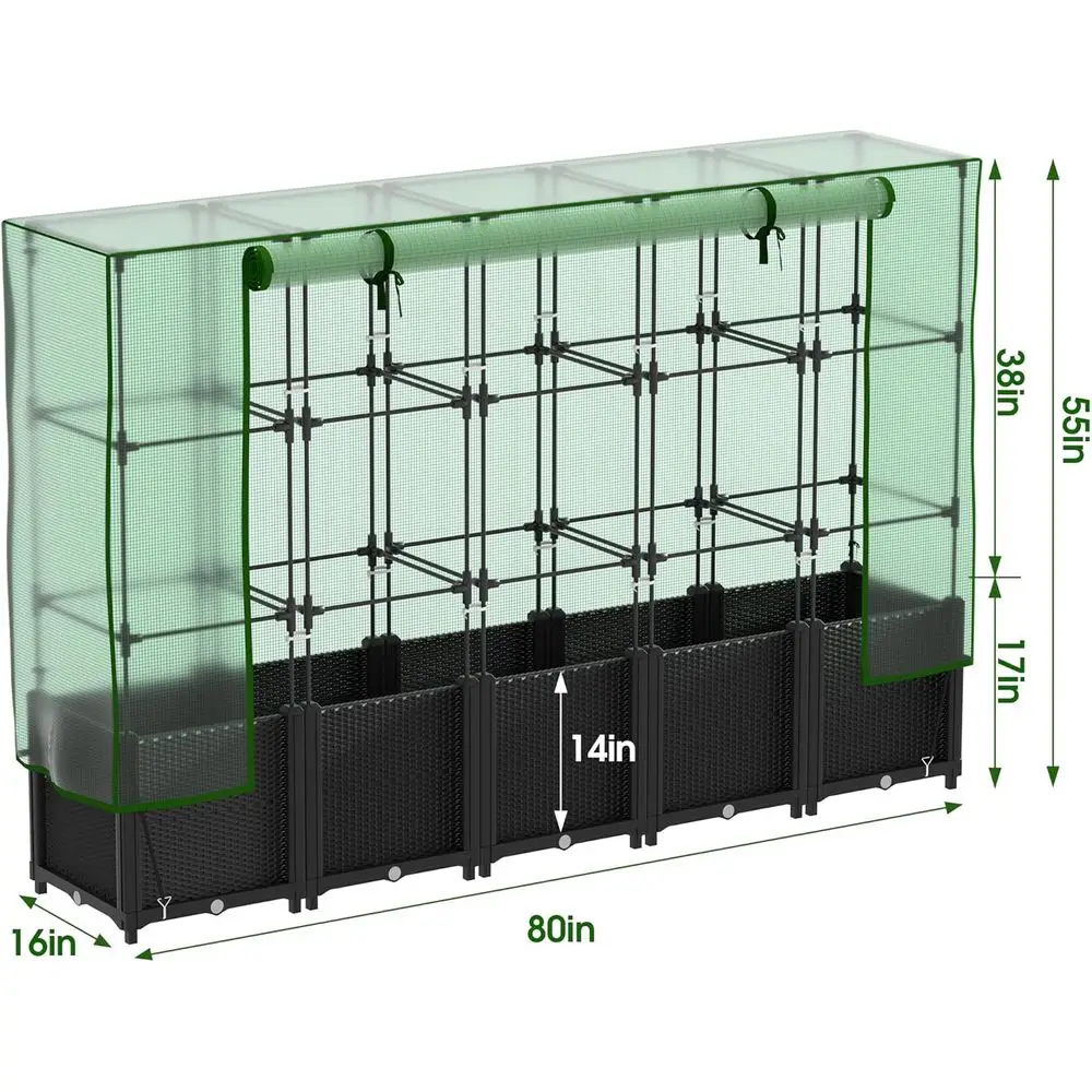 Grand lit de jardin vertical en plastique noir avec serre, treillis et système d'arrosage automatique pour tomates et plantes grimpantes
