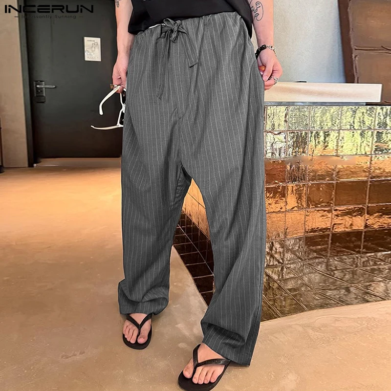 

INCERUN Men Striped Pants Lace Up Joggers Loose Casual Straight Trousers Men Streetwear 2025 Fashion Leisure Male Long Pants