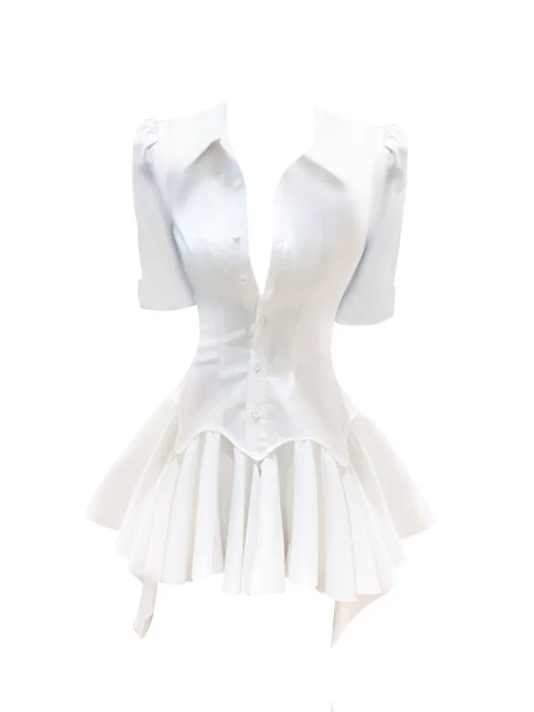 

plus Size Collar ort Waist Cinched Slimming Dr Faionable Versatile irt Dr High Waist A-Line Skirt French Sle