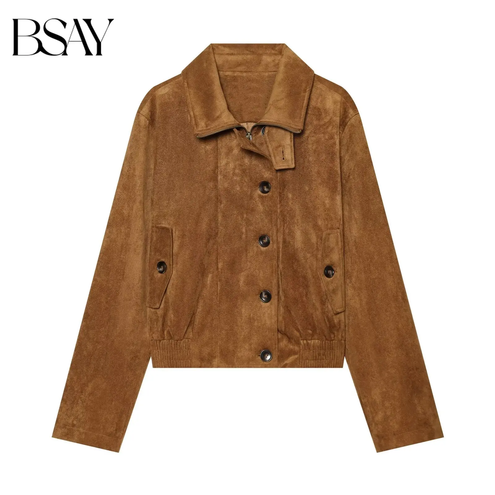 BSAY Autumn Women Vintage Faux Suede Cropped Jacket Stand Lapel Collar Front Zipper Flap Pockets Casual Long Sleeve Outerwear