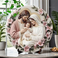 Christian Nativity Scene Wooden Sign, 2D Effect Round Wood Hanging Decor Religious Holiday Decoration for Home, Farmhouse, Porch