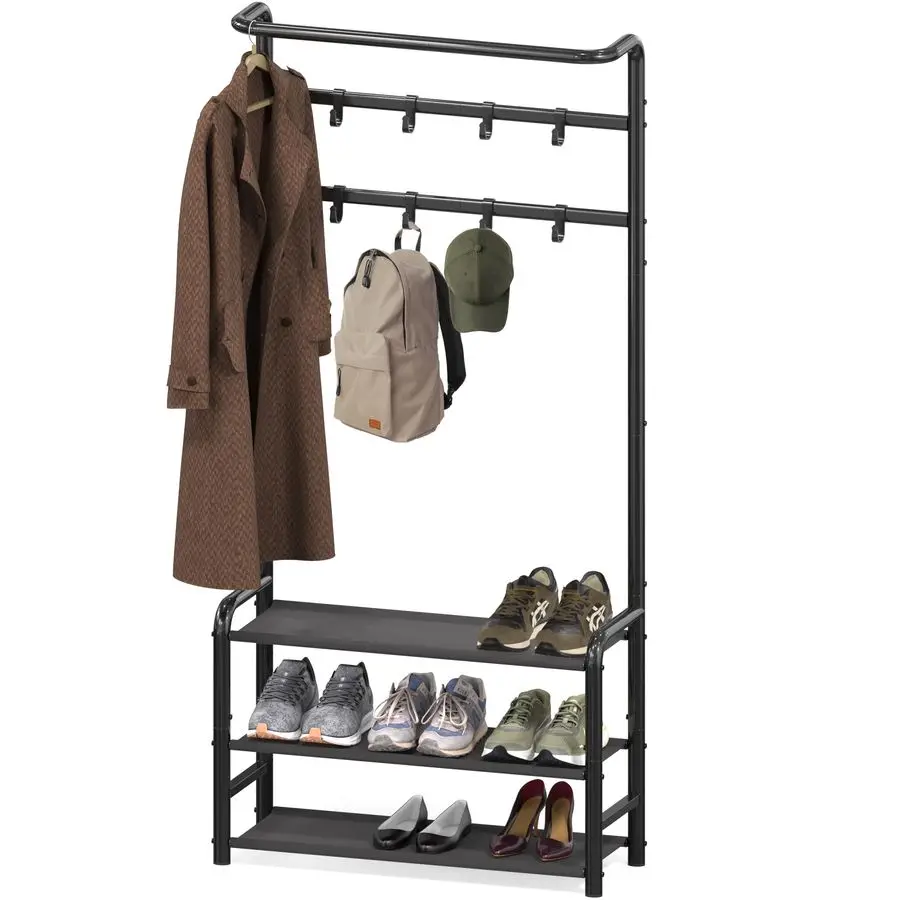 

Coat Rack with Storage Shelf, Freestanding Hall Tree with Hooks for Entryway, Bedroom, Office, Black Metal Clothes Hanger Stand