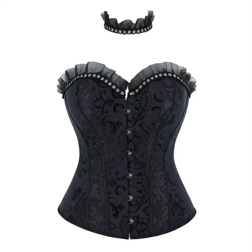 

Sexy Women Black Corset Bustier Vintage Gothic Elegant Lady Party Corsets Lace-up Mesh Ruffles Strapless Top Waist Trainer