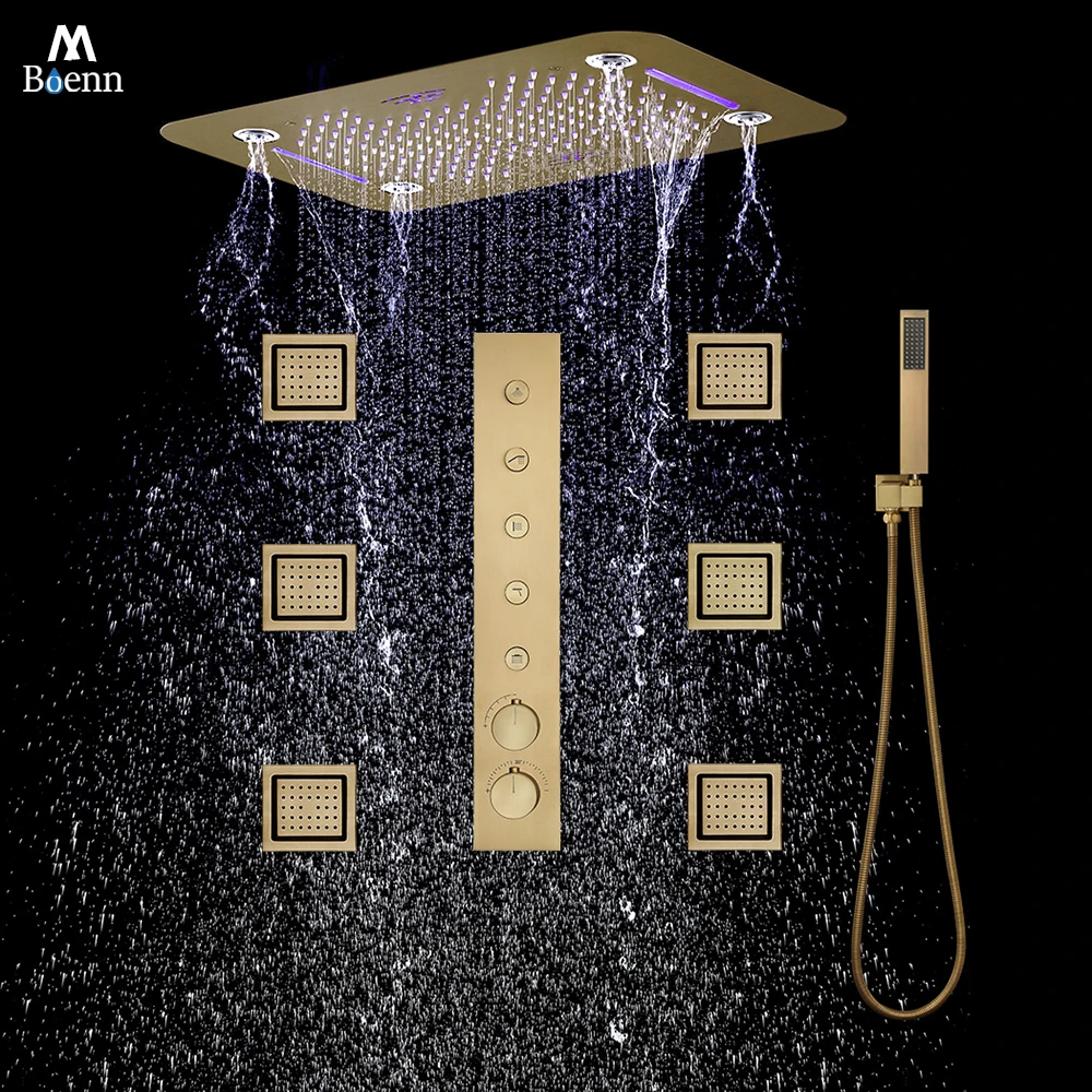 M Boenn Showerhead for Bathroom Accessories Set Golden Thermostatic Shower System With Waterfall Shower Head Massage Body Jet