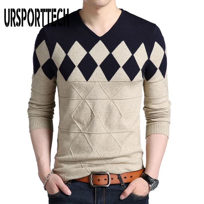 

Autumn Winter Men's Sweater Cashmere Wool Sweater Men Slim Fit Pullovers Men Argyle Pattern V-Neck Pull Homme Christmas Sweaters