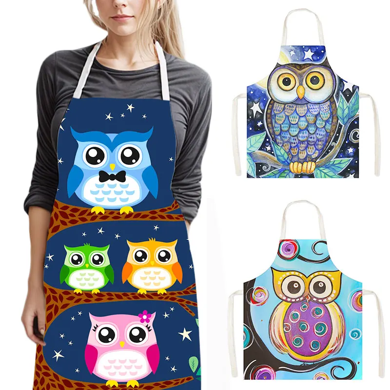 Cute Bird Owl Print Cooking Aprons for Women Men Home Cleaning Clothing Linen Pinafore Barber Chef Waiter Kitchen Apron