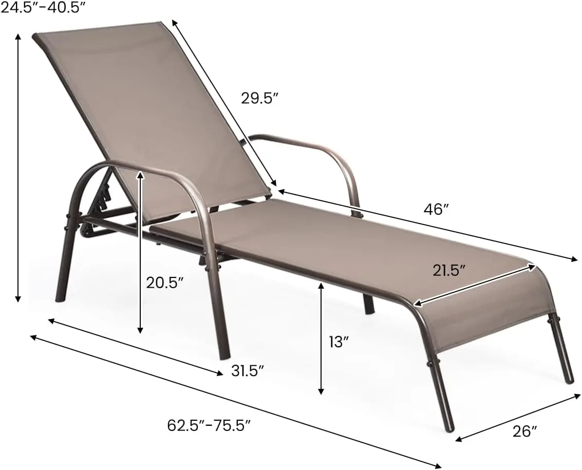 2 Pack Outdoor Patio Chaise Lounge Chair, 5 Positions Adjustable Backrest Sunbathing Recliner, Heavy Duty Steel Frame Tanning Chair, Waterproof Pool Beach Lounge Seat for Backyard Balcony Poolside, Brown