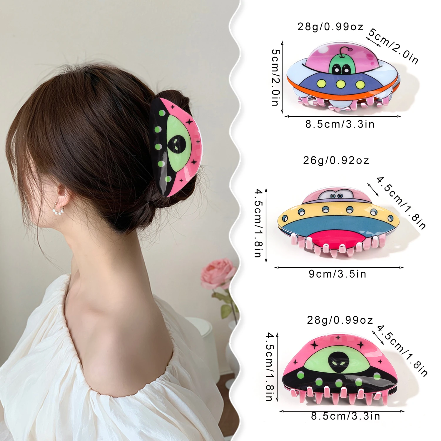 New Creative Alien Spaceship Hair Clip Acrylic Printed Shark Hair Claw Fashion Ponytail Party Hair Accessories Gift Wholesale