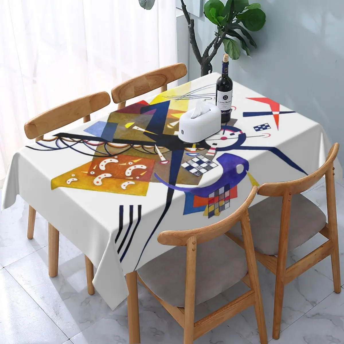 Vintage Wassily Kandinsky On White Tablecloth Rectangular Elastic Oilproof Abstract Pattern Table Cover Cloth for Party