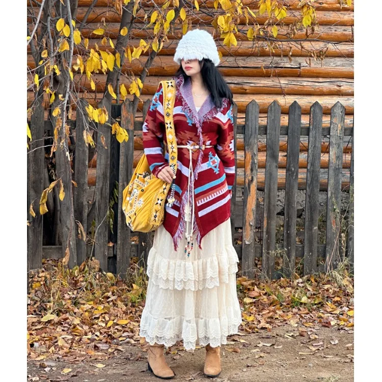 여행용 민족풍 여성 니트 스웨터 코트 레이스 스커트 롱 스웨트 루즈핏 스트리트 스타일 가을 봄 벨벳