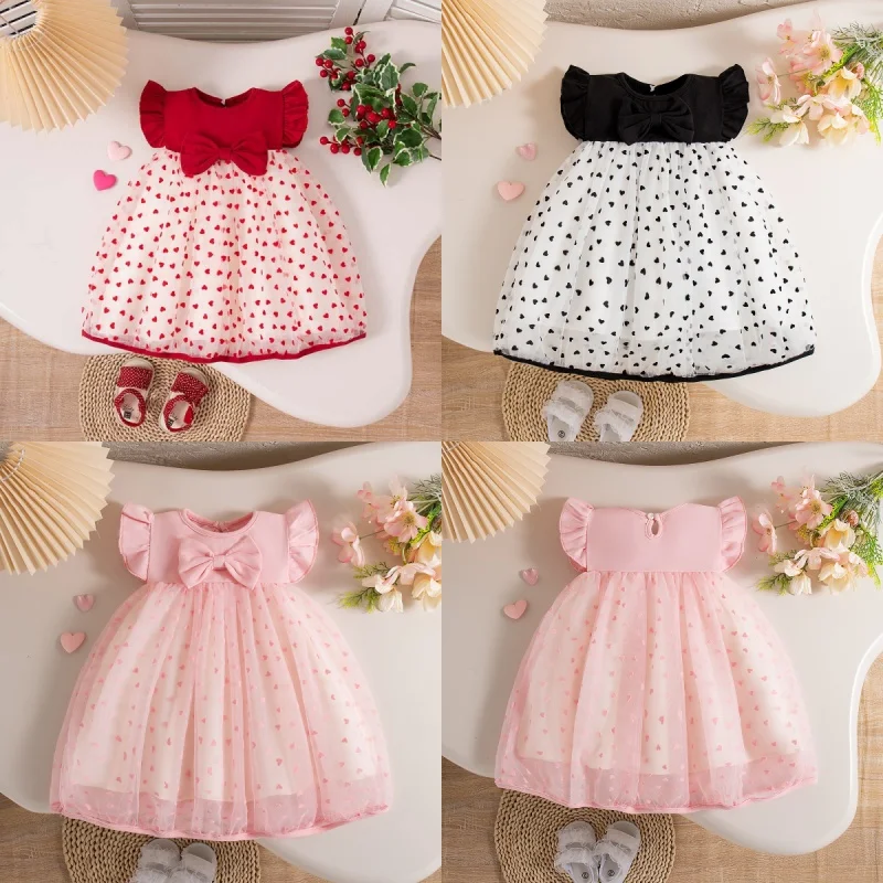 Baby Dresses Summer Bowknot And Love Pattern Short Sleeve Puffy Baby Girl Dress Cute Casual Girl Kid's Dress