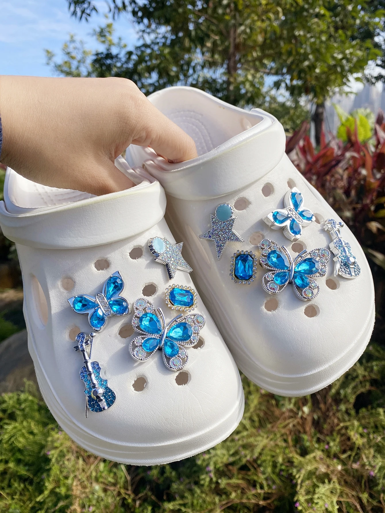 

10 модных синих (бабочек, скрипка, пятиконечная звезда, прямоугольный ромб) Пряжки для обуви из АБС-пластика, золотой водный бриллиант ча