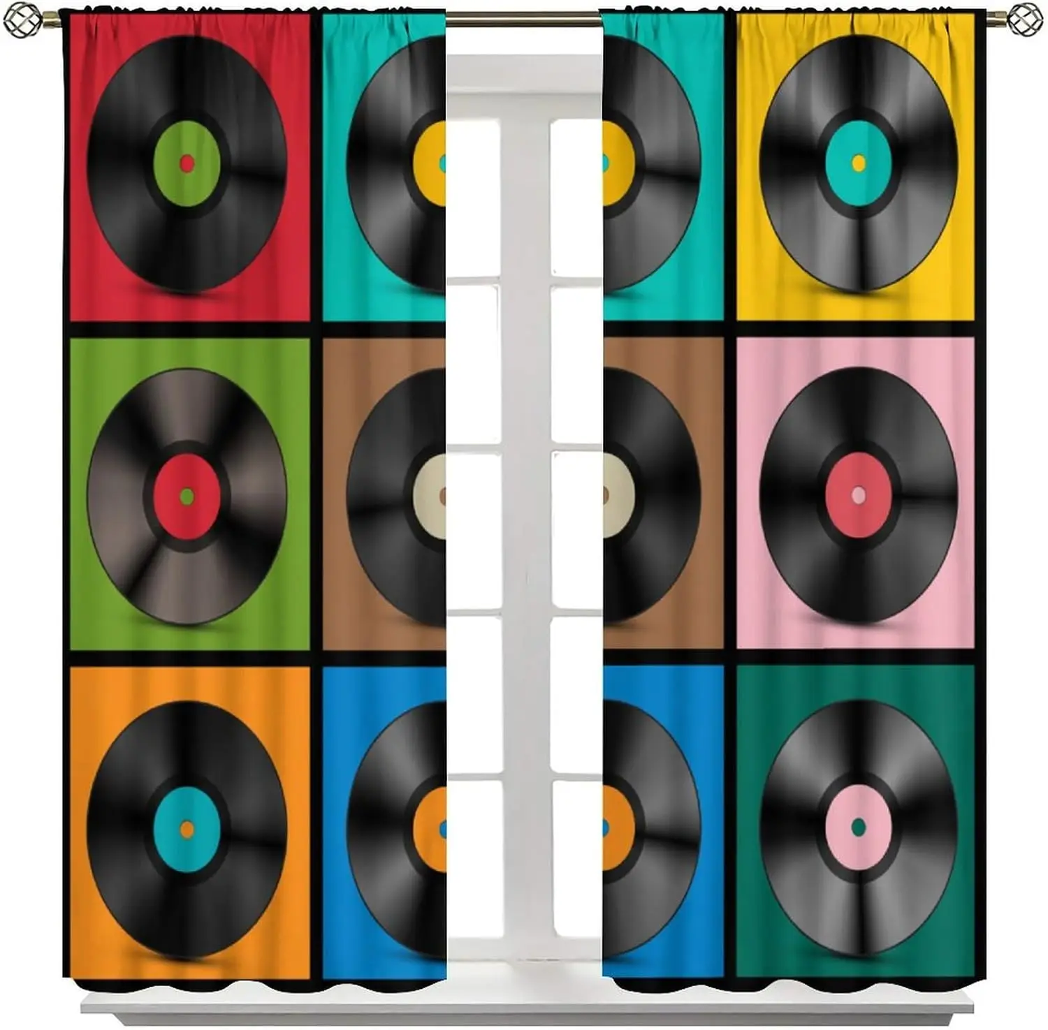 ستائر الموسيقى الرجعية، سجلات الموسيقى، ألبوم القرص الموسيقي، ديكور جيتار الروك، معالجات نافذة الجيب للأطفال الأولاد والبنات