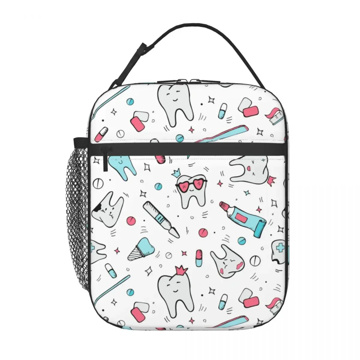 Dentista Cartoon Padrão Isolado Lunch Tote Bag para Mulheres, Escova de Dentes, Refrigerador Portátil, Caixa Bento Térmica, Escola