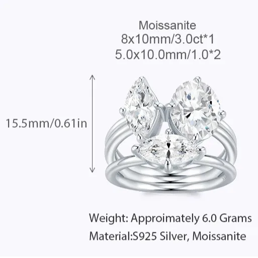 LinkerLove 925 Silver 3 Stones Moissanite Engagement Ring Pear Round Cut Split Shank Diamond Wedding Band for Women Fine Jewelry