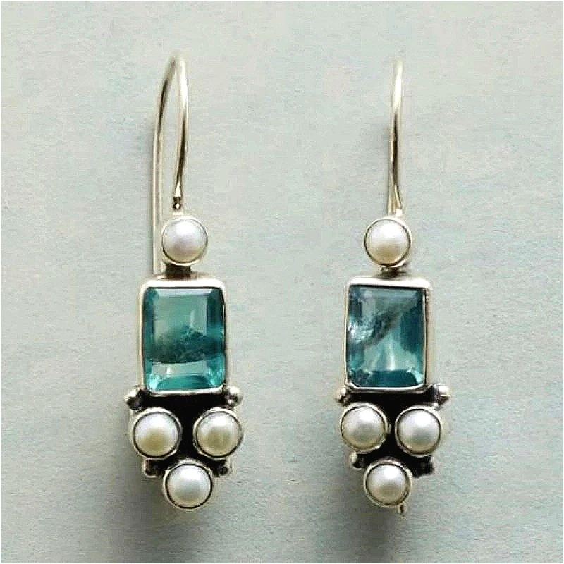Vintage Quadratische Intarsien Blaue Synthetische Zirkonia Imitation Perle Baumeln Ohrringe für Frauen Elegante Anhänger Bankett Hochzeit Schmuck