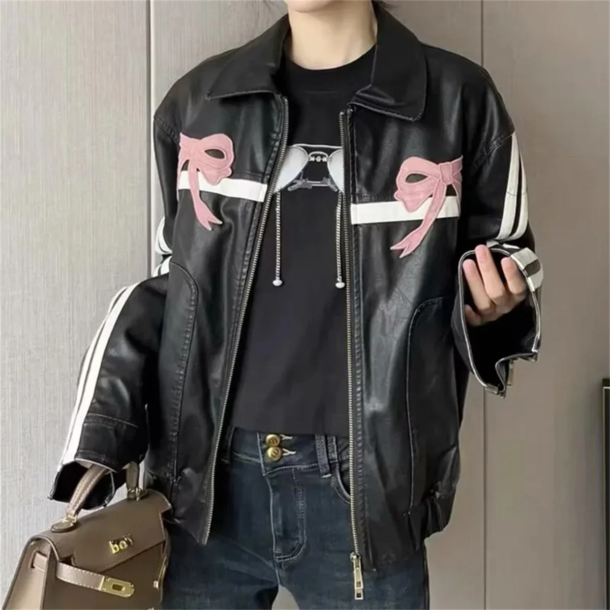 Women Vintage Lapel Collar Jackets Harajuku Bow Zipper Pu Overcoat Female Casual Tops Winter Autumn Streetwear Chic Y2k Clothes