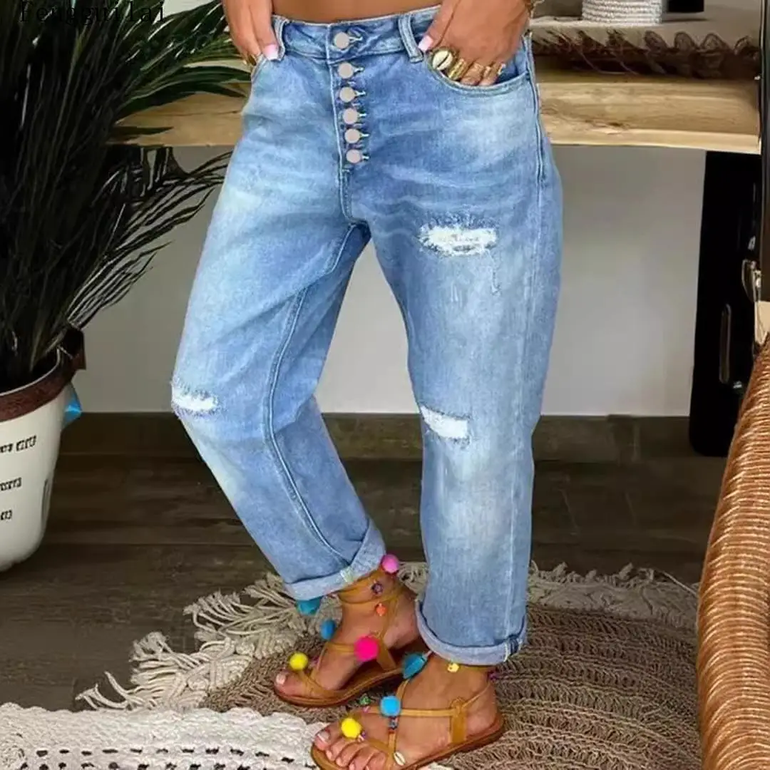 Ladies Light Blue Washed Ripped Denim Jeans Multi Buttons Front High Waist Roll Up Hem Loose Straight Casual Pants