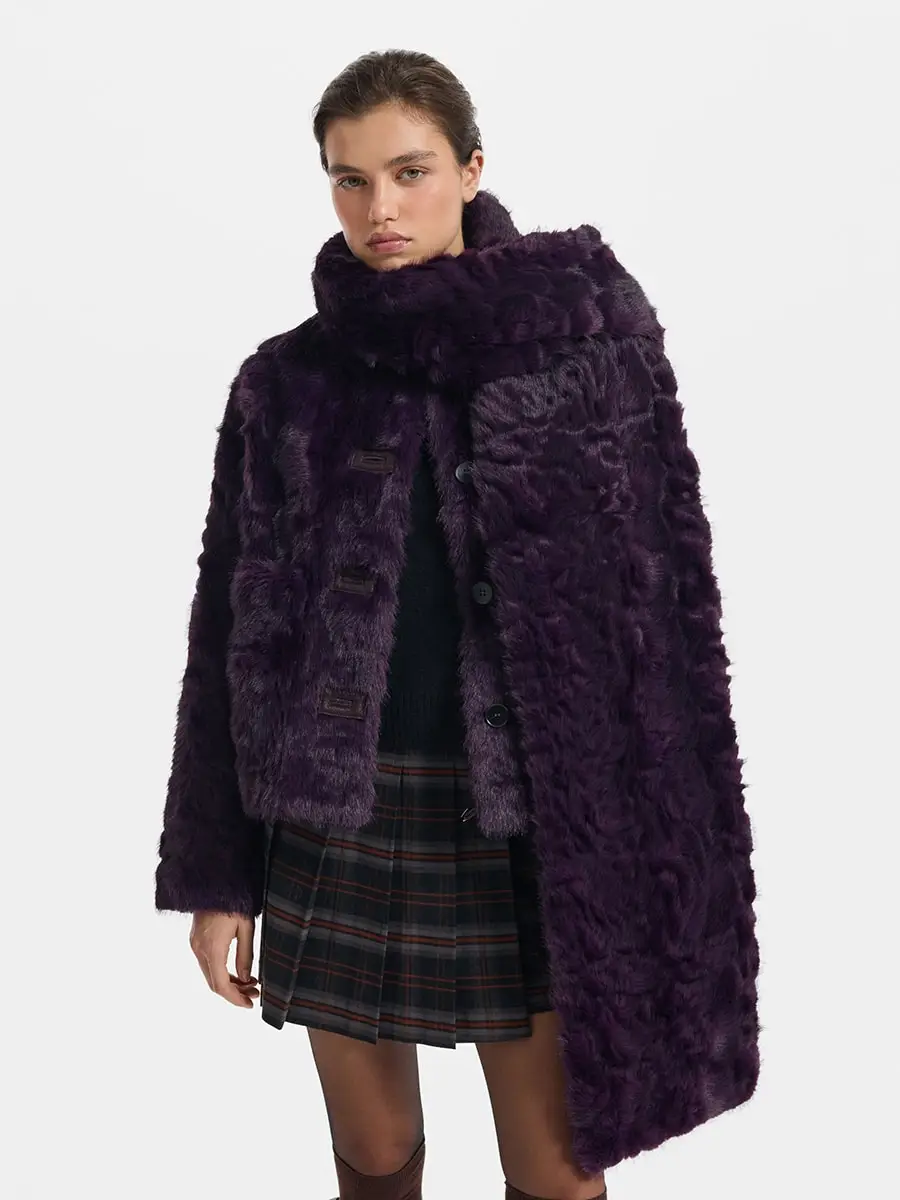 Women Dark Purple Textured Faux Fur Wrap High Collar Single Breasted Cropped Jacket, Side Pockets, Winter Warm Elegant Commuter
