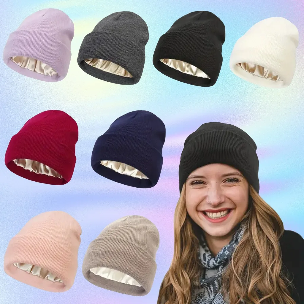 Unisex Satin Lined Anti Static Beanie Hat For Women Winter Silk Lining Slouchy Warm Cuffed Skullies 2Layer Hair Cover Sleep Cap